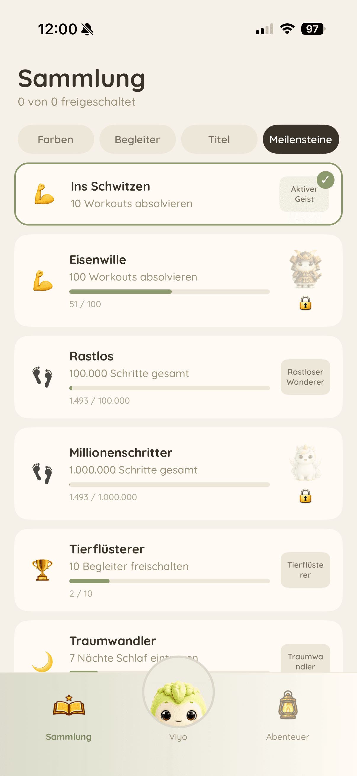 Viyo-App: Sammlung mit Meilensteinen und freischaltbaren Begleitern