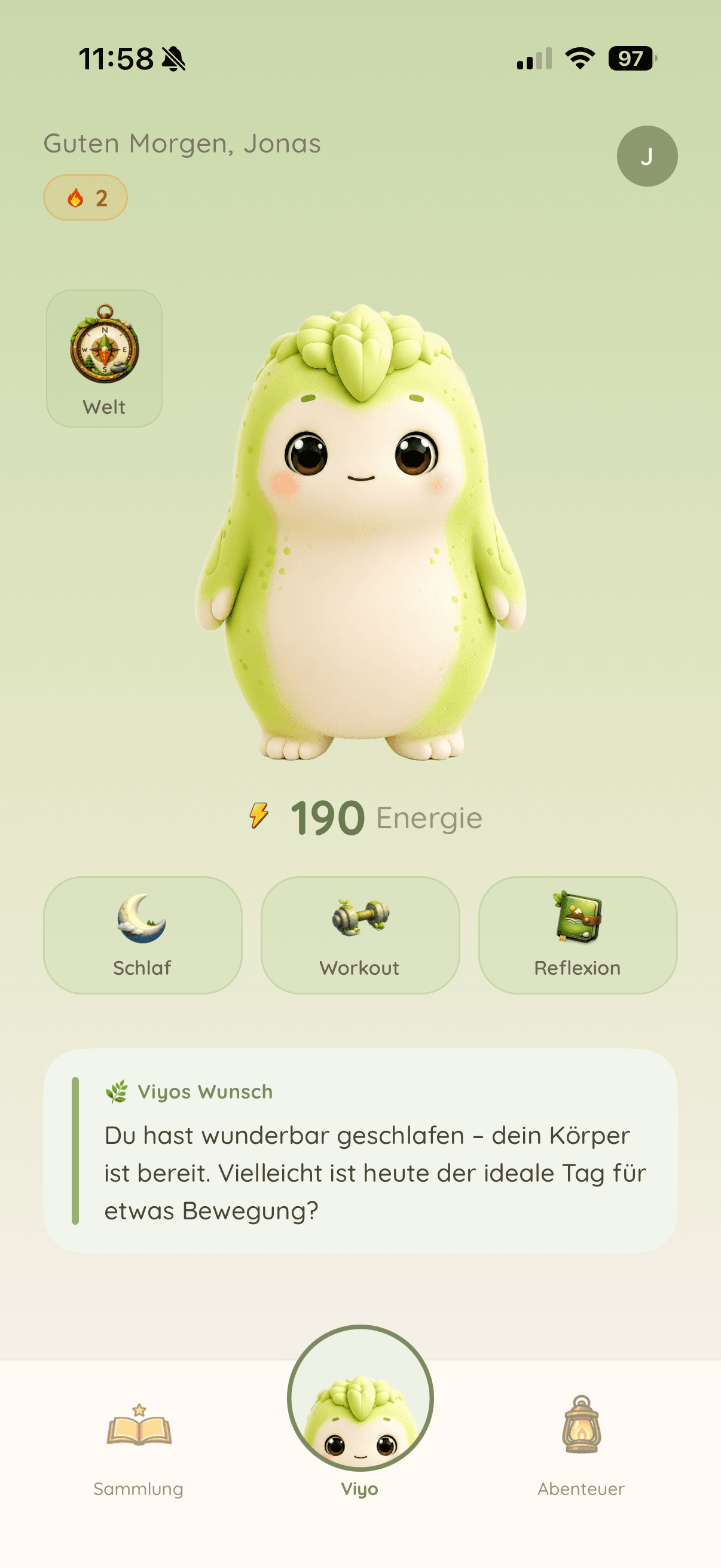 Viyo-App: Startbildschirm mit Begleiter, gesammelter Energie und den Bereichen Schlaf, Workout und Reflexion