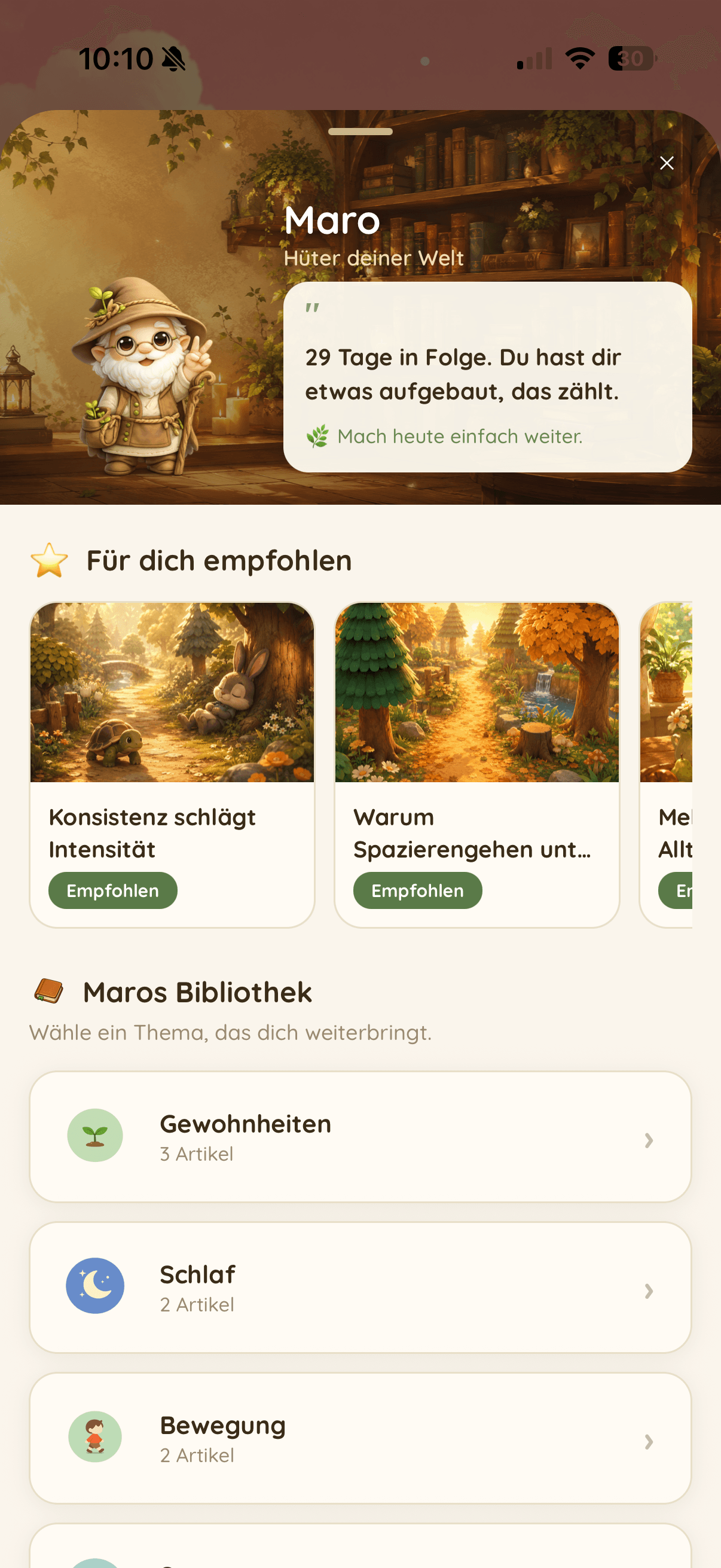 Viyo-App: Motivierende Inhalte und Artikel in Maros Bibliothek